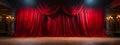 Wooden Stage Floor with Dramatically Lit Lustrous Red Velvet Theatre Curtains. Generative AI