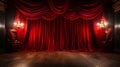 Chandelier Lit Lustrous Red Velvet Theatre Curtains and Wooden Stage Floor. Generative AI