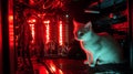 A white kitten sits within the chassis of a computer case lit by red and blue lights. Contrast of cuteness Royalty Free Stock Photo
