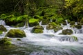 Dramaticlly flowing river through rocks making cascade waterfall