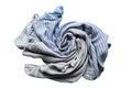 Draped blue gray cotton fabric, scarf, napkin, or striped tablecloth on white surface