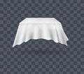 Draped table covers. Big realistic hanging napkin, tablecloth, curtain. White silk cloth covered tablecloth, fabric curtain secret Royalty Free Stock Photo