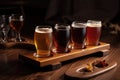 draught beer flight, with variety of beers in different glasses for tasting