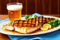 Draught beer and grilled fish, wooden plate, restaurant, blurred background, generative ai, food photography