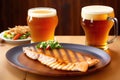 Draught beer and grilled fish, wooden plate, restaurant, blurred background, generative ai, food photography