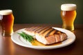 Draught beer and grilled fish, wooden plate, restaurant, blurred background, generative ai, food photography