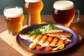 Draught beer and grilled fish, wooden plate, restaurant, blurred background, generative ai, food photography