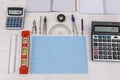 Draughtsmanship tools on the table top view Royalty Free Stock Photo