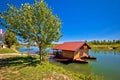 Drava river floating wooden cabin Royalty Free Stock Photo