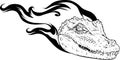 draw in black and white of Vector illustration, a ferocious alligator head with flames