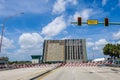 Draw Bridge on the Florida`s Intracoastal Waterway opens to allow large boats and tall mast catamaran sailboats through