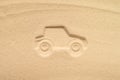 Draw car on beach sand. Car rental concept. Insurance. Travel. Summer time. Creative.