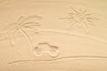 Draw car, sun, pam tree on beach sand. Car rental concept. Insurance. Travel. Summer time. Creative.