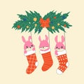 Draw character cute rabbits sleep in Christmas sock for Christmas day and new year.