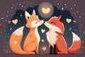 Draw character design depicts fox couple in love with small heart for Valentine\'s. Cartoon-styled loving animals with hearts