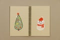 Draw a Christmas tree and a snowman by hand on a line notebook.