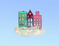 Draw colored Amsterdam houses on real cloudy with clouds inside the house seen from windows manipulation digital