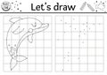 Draw the dolphin. Vector under the sea drawing practice worksheet. Printable black and white activity for kids with water animal. Royalty Free Stock Photo