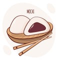 Draw funny kawaii Japan tradition sweet mochi vector illustration. Japanese asian traditional food, cooking, menu concept.