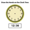 Draw hands 12: 30 Analog clock. What are the time, Learning clock, and math worksheet? Royalty Free Stock Photo