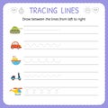 Draw between the lines from left to right. Preschool, kindergarten worksheet for practicing motor skills. Basic writing