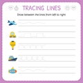 Draw between the lines from left to right. Preschool, kindergarten worksheet for practicing motor skills. Trace line worksheet for