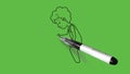 Draw little kneeling boy hold magnifying glass with handle wearing green t-shirt, blue pent, green footwear and yellow cap