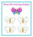 Learn shapes and basic geometric figures. Draw the missing shapes. Preschool worksheet. Vector illustration
