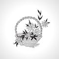 Draw the outline basket with flowers monochrome black on white Royalty Free Stock Photo