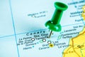 Draw-pin stick into real map, travelling to Canary Islands Royalty Free Stock Photo