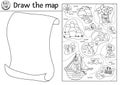 Draw the pirate map. Free creative drawing task for kids. Complete the picture. Vector pirate drawing practice worksheet. Royalty Free Stock Photo