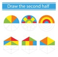 Draw the second half. Preschool worksheet for practicing fine motor skills. Coloring book.Vector