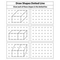 Draw shapes dotted line exercise. Dots grid background. Square graph.