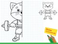 Draw symmetrically. Coloring Page Outline Of cartoon cat with barbell. Sport. Coloring Book for kids