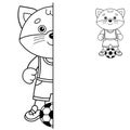 Draw symmetrically. Coloring Page Outline Of cartoon little cat with soccer ball. Football game. Coloring Book for kids Royalty Free Stock Photo