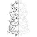 Draw symmetrically. Coloring Page Outline Of cartoon lovely princess. Beautiful young queen. Cinderella. Fairy tale hero or