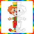 Draw symmetrically. Connect the dots picture. Tracing worksheet. Coloring Page Outline Of cartoon circus clown. Coloring Book for