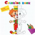 Draw symmetrically. Connect the dots picture. Tracing worksheet. Coloring Page Outline Of cartoon circus clown. Coloring Book for