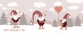 Draw vector illustration banner sweet scandinavian gnomes in forest. For Valentine day