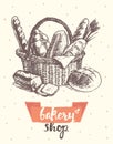 Draw vintage vector basket fresh bread bakery shop Royalty Free Stock Photo