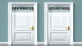 Drawbacks and advantages as a choice - pictured as words Drawbacks, advantages on doors to show that Drawbacks and advantages are