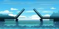 Drawbridge Bridge silhouette disclosed. Country landscape. Marine view. Transport road construction. Vector