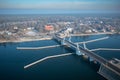 Drawbridge to Sobieszewo Island on the Martwa Wisla river at winter. Poland