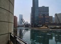 Drawbridge up over frozen Chicago river on a winter morning in Chicago Royalty Free Stock Photo