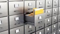 A drawer of a filing cabinet opens and a yellow folder is taken. 3D illustration Royalty Free Stock Photo