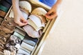 Drawer in the closet for storing underwear, socks and bras. Vertical Japanese storage system