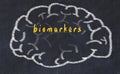 Drawind of human brain on chalkboard with inscription biomarkers Royalty Free Stock Photo