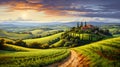 Drawing of abstract rural landscape in Tuscany with road, fields, houses and trees at sunset