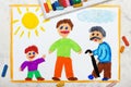 Drawing: Aging process and life cycle. A child, an adult and an elderly person