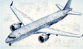 Photo of an intricately detailed airplane sketch on a blueprint backdrop